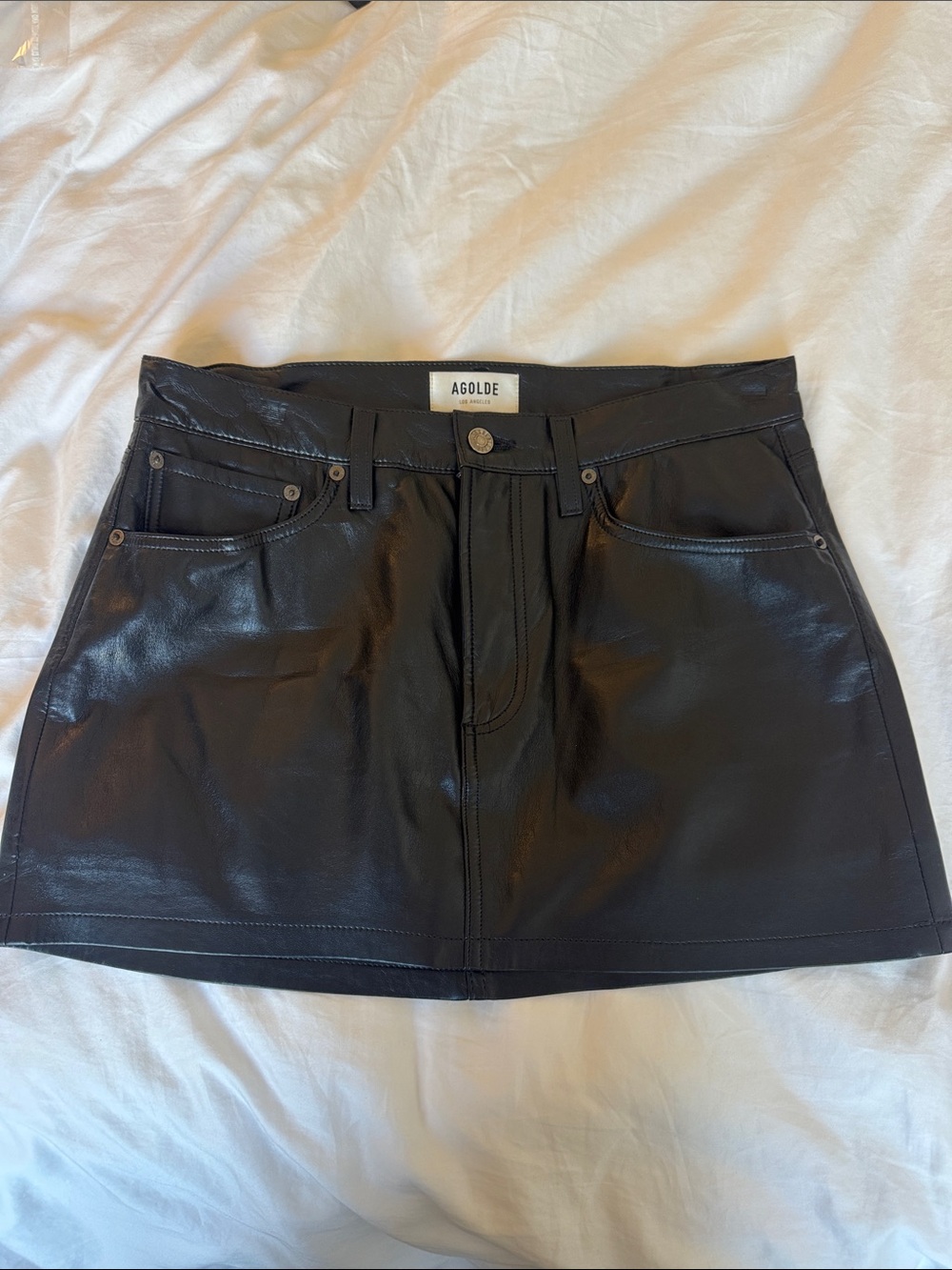 Agolde Black Faux Leather Mini Skirt with Five-Pocket Detail